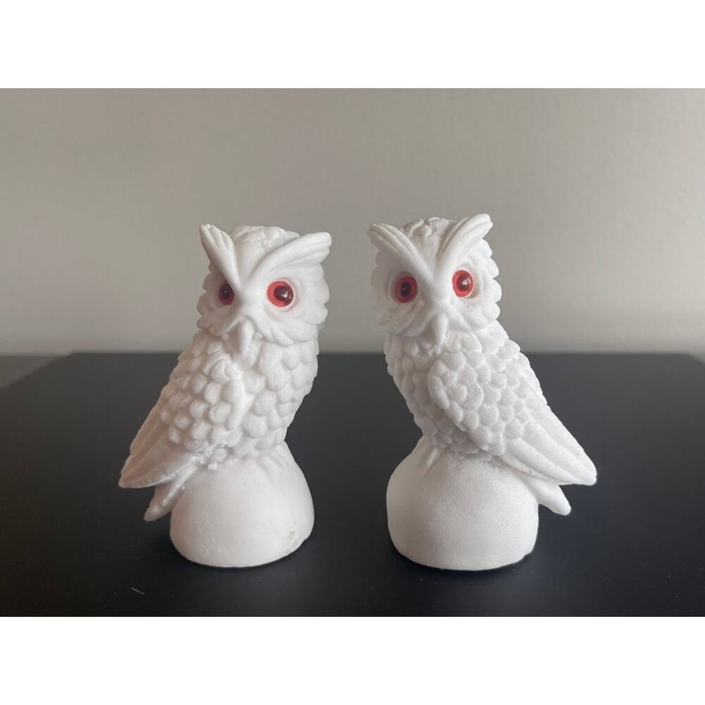 Pair of Vintage Italian Alabaster Snow Owl Sculptures - White Salt Stone